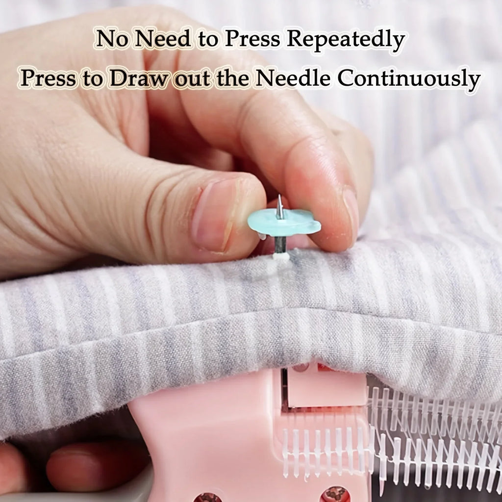 Showlu Micro Stitch Gun, portable clothing repair tool for quick hemming, shown with needle and fabric in use.