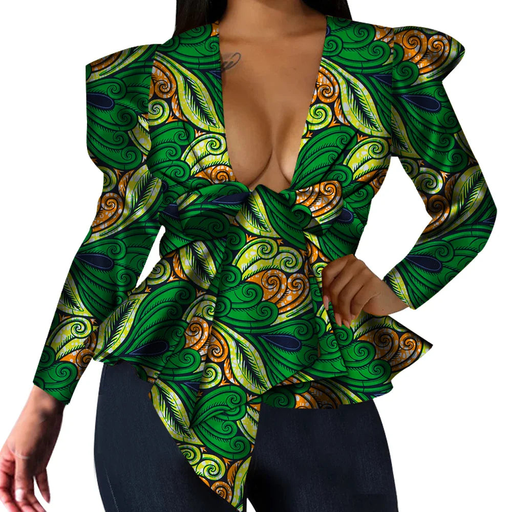 BintaRealWax women's African print dashiki long sleeve cotton top with V-neck in vibrant colors, showcasing traditional style and intricate patterns.