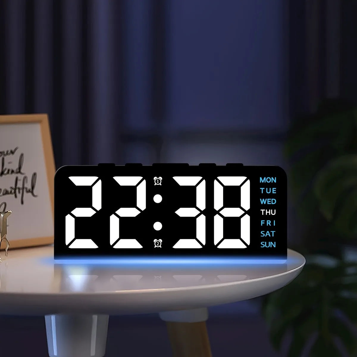 Showlu Smart LED digital alarm clock with mood light and USB display, featuring a sleek design and easy-to-read digital screen.