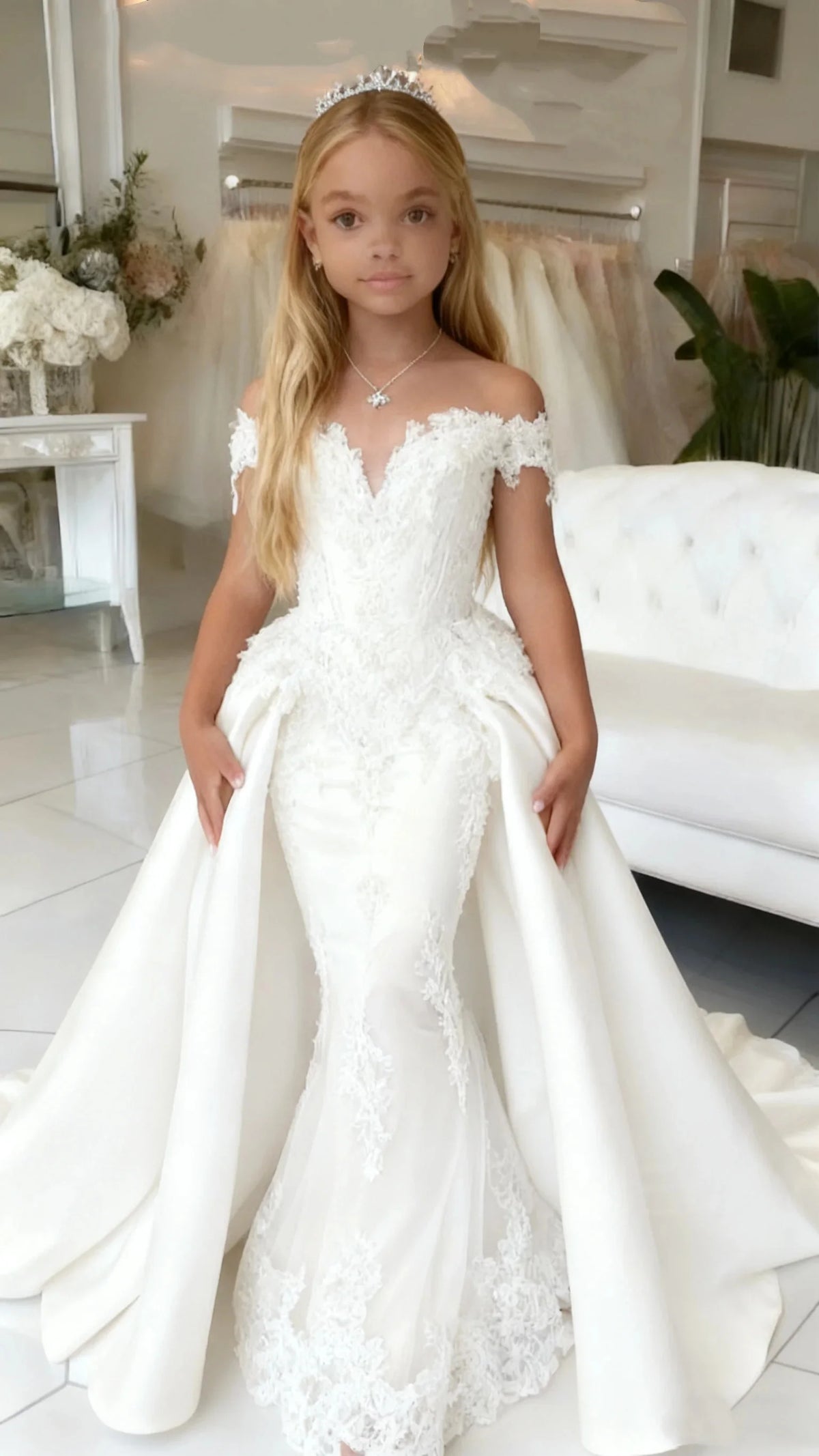 Showlu Fashion flower girl dress, off-shoulder mermaid style for weddings, birthdays, and communions, floor-length for kids.