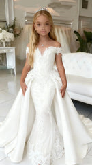 Showlu Fashion flower girl dress, off-shoulder mermaid style for weddings, birthdays, and communions, floor-length for kids.
