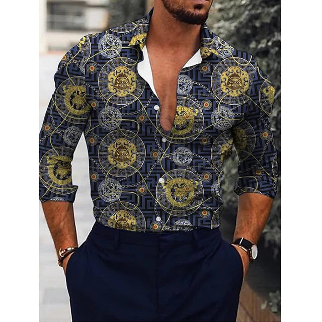 Hawaiian floral long sleeve designer men's shirt with 3D print, single-breasted casual top by Showlu Fashion.