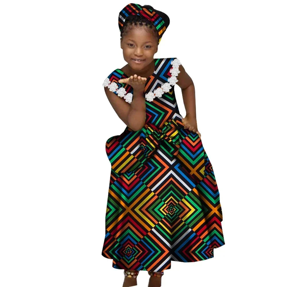 Wingfei girls African Ankara print dress with cotton Kente pleated skirt, showcasing vibrant colorful traditional fabric and style.