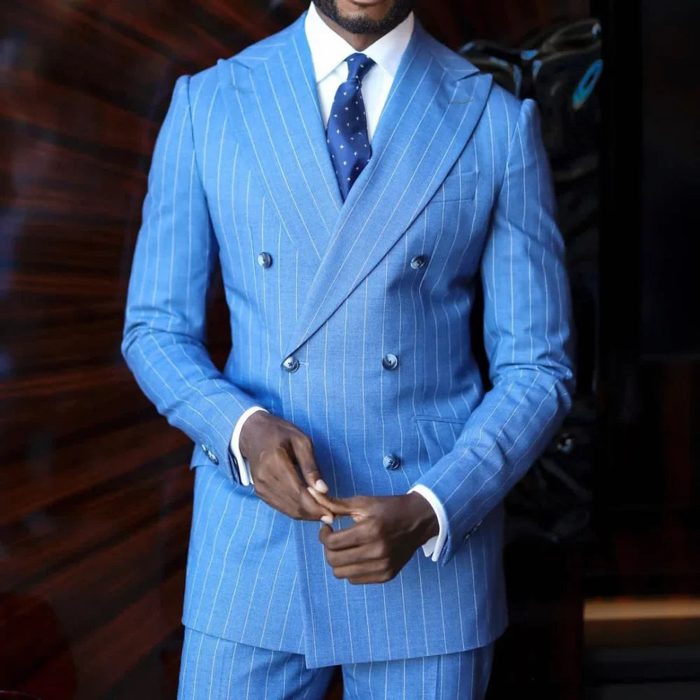 Men's blue pinstripe suit by SHOWLU FASHION STORE, double-breasted 2-piece slim fit formal suit on a hanger.