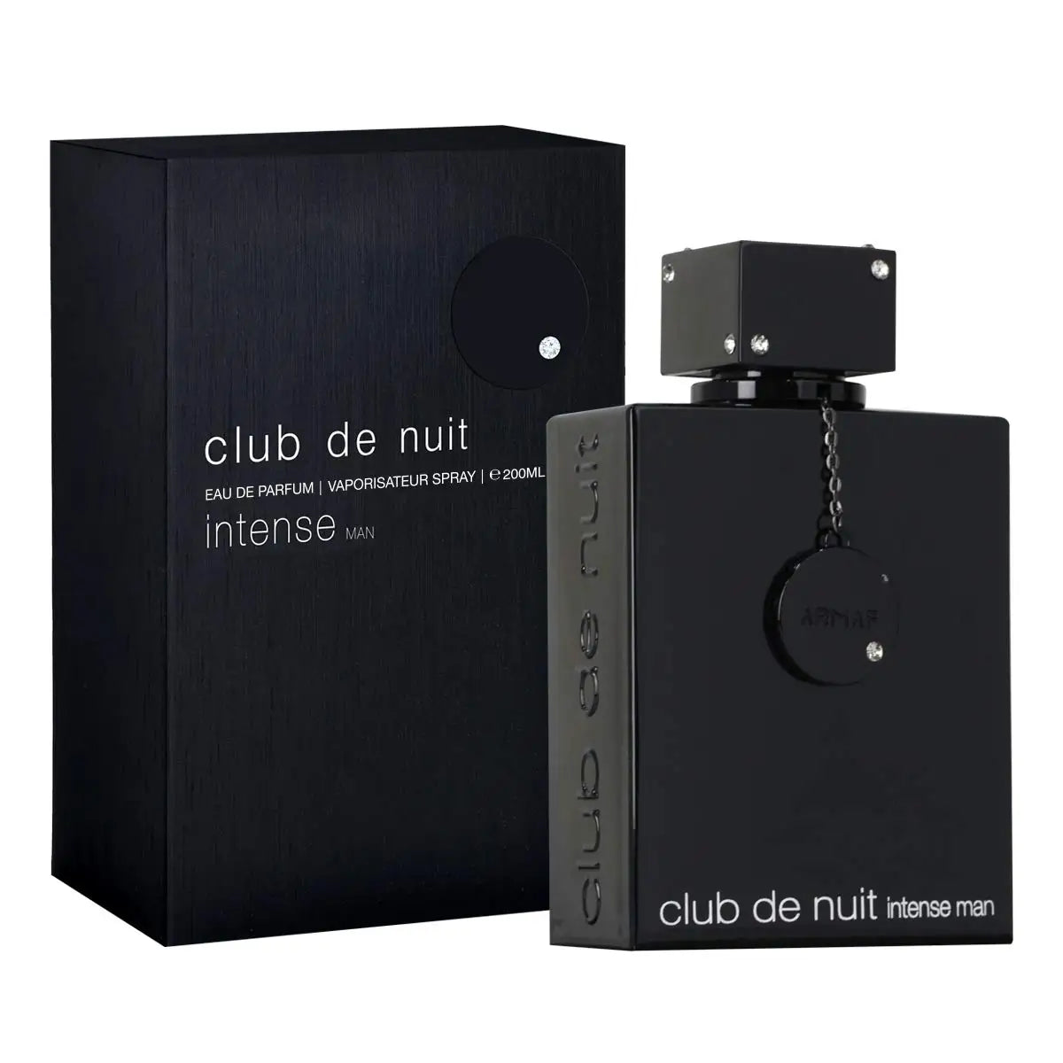 Armaf Club De Nuit Intense men's Eau de Parfum spray in 105 ml bottle, with sleek black packaging and silver accents.