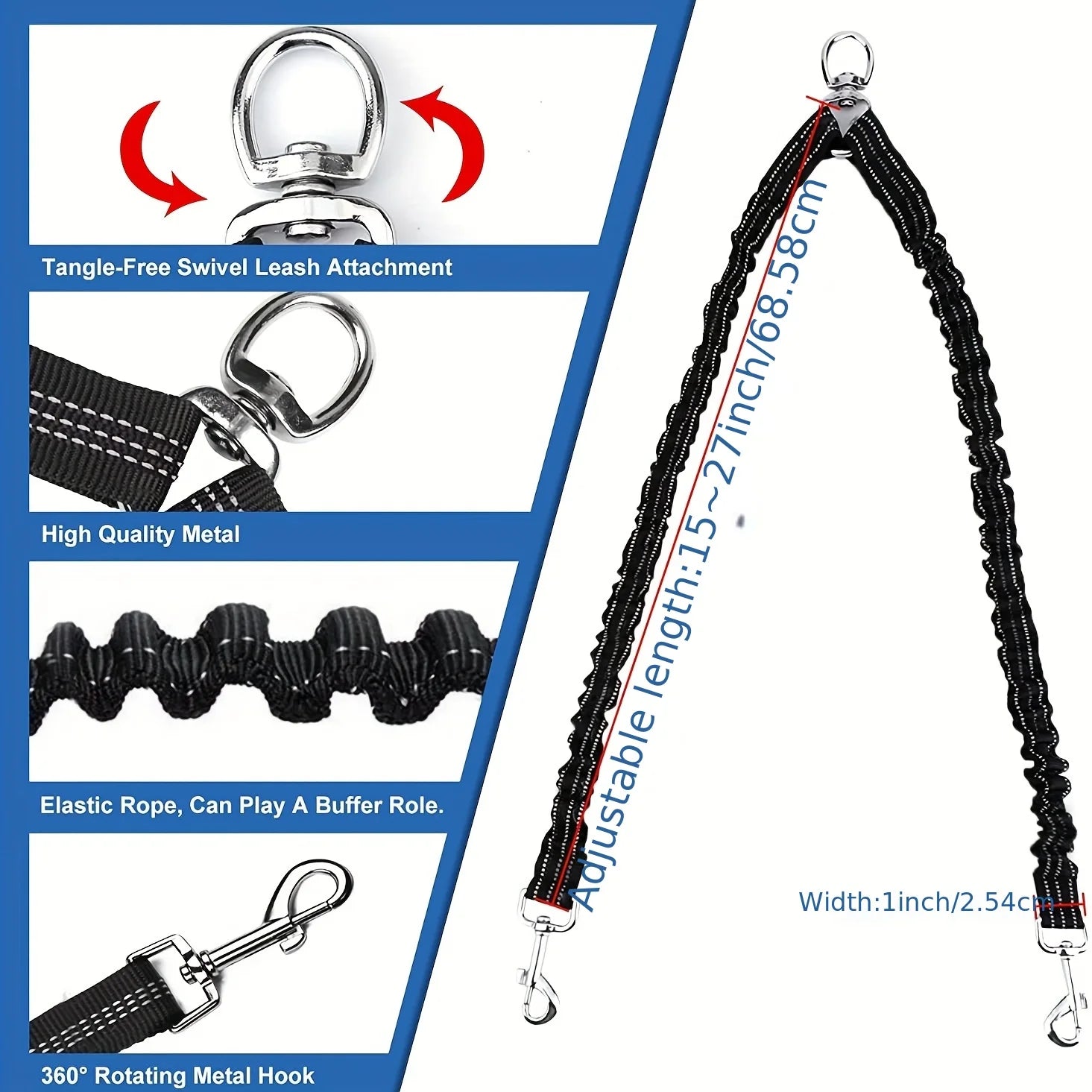 Reflective Showlu Double Dog Leash made of shock-absorbing nylon with a coupler for walking two dogs safely.