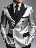 Men Shiny Silver Plaid Double Breasted Blazer Black Satin Peak Lapel Pocket Trim Slim Fit Wedding Groom Stage Formal Tuxedo Jack