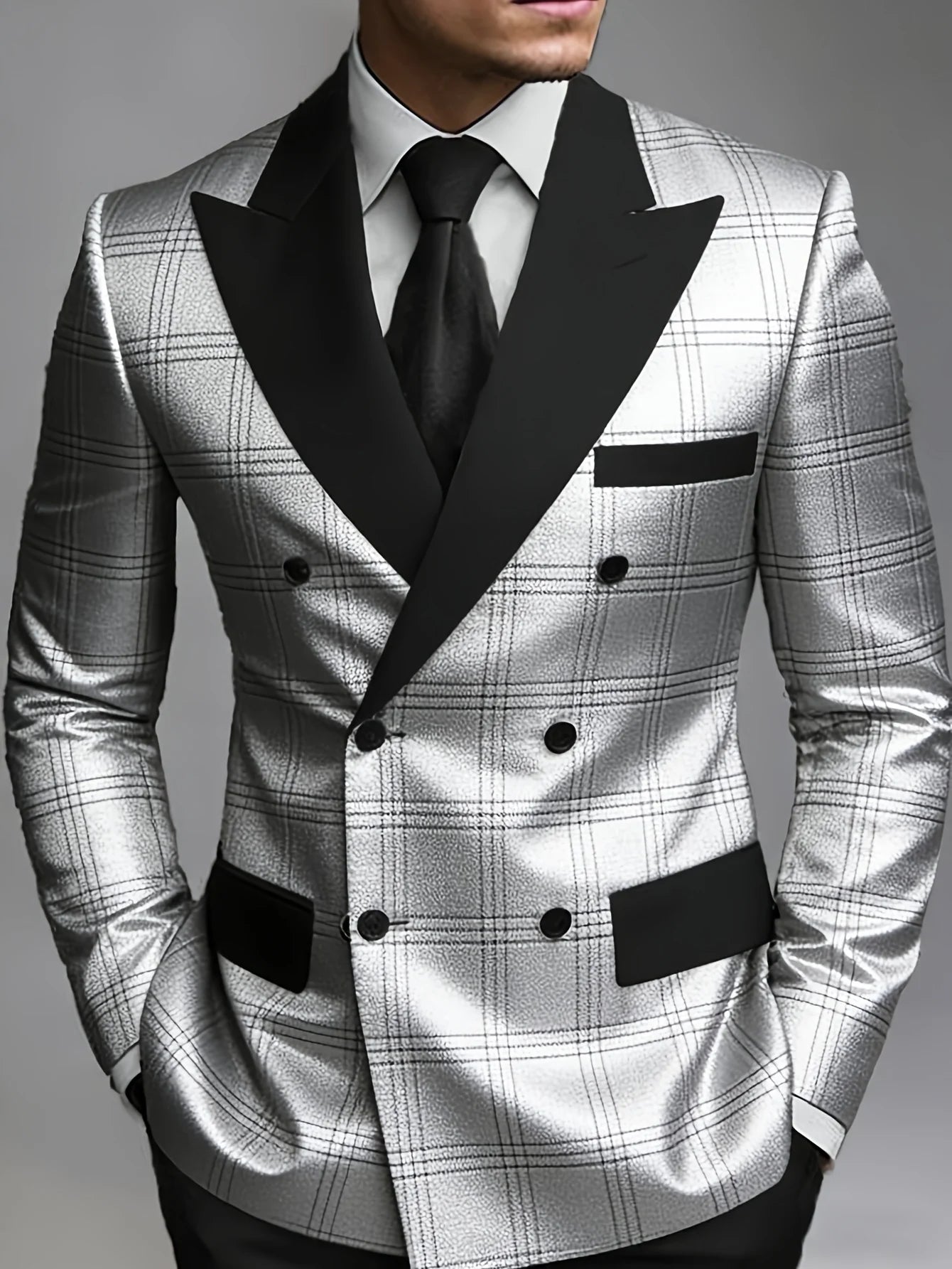 Men Shiny Silver Plaid Double Breasted Blazer Black Satin Peak Lapel Pocket Trim Slim Fit Wedding Groom Stage Formal Tuxedo Jack
