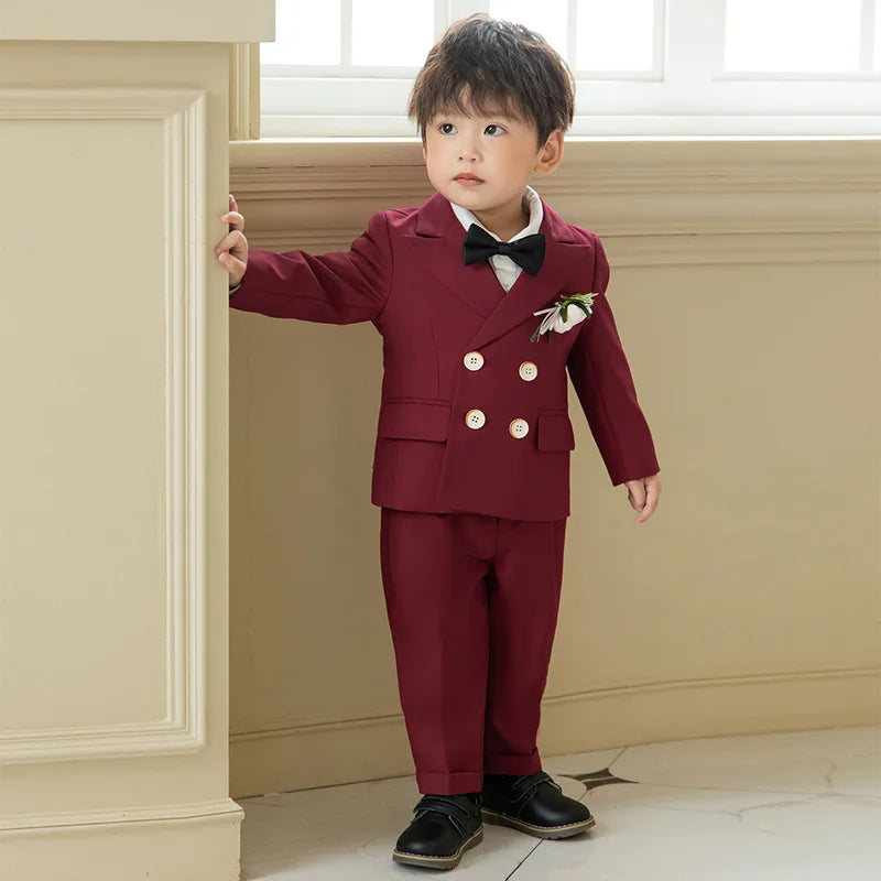 Children's formal burgundy suit set with jacket, pants, and vest for boys, perfect for birthday parties and special occasions.