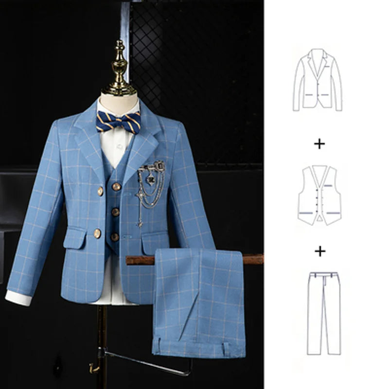 Kids formal tuxedo blazer set featuring a plaid wedding suit for boys by SHOWLU FASHION STORE, includes jacket and matching pants.