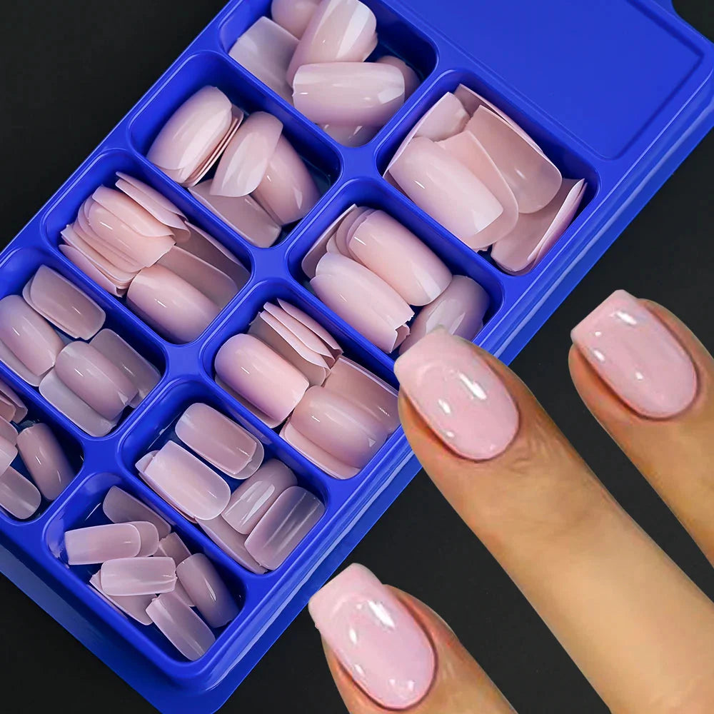 Set of 100 pink and white press-on acrylic nails with medium trapezoid tips by SHOWLU FASHION STORE