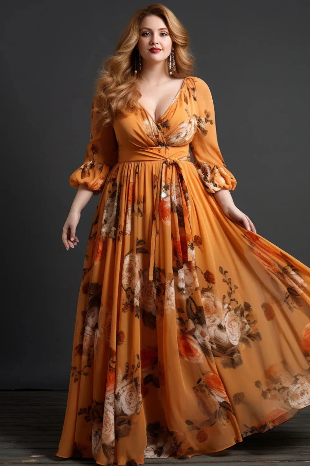 Flycurvy plus size floral chiffon wrap maxi dress with lantern sleeves, showcasing a flowing design and elegant floral pattern.