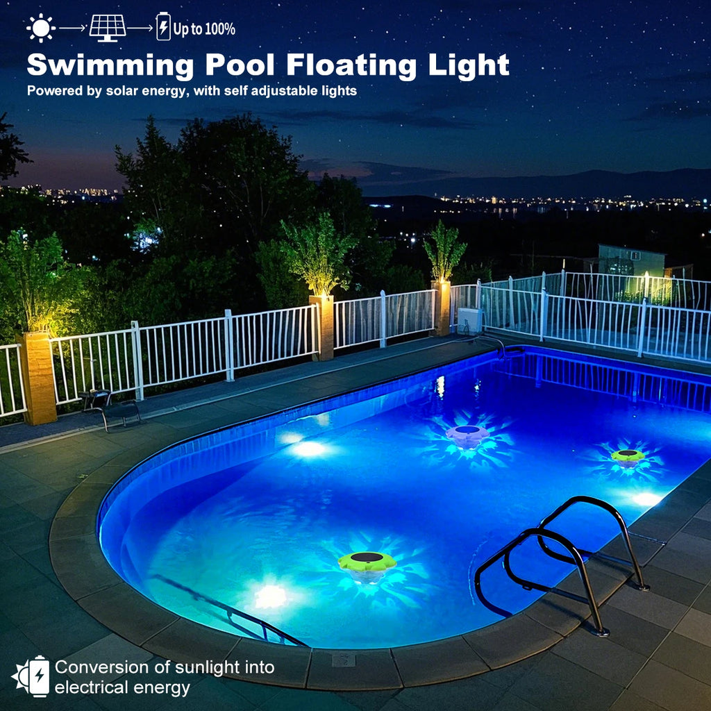 Showlu Smart RGB waterproof solar floating pool light with colorful LED illumination and waterproof garden lamp design.