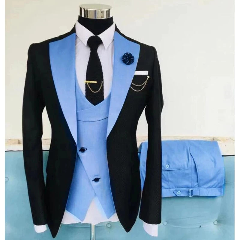 Black men's slim fit business suit with jacket, pants, and vest, ideal for formal weddings and professional occasions.