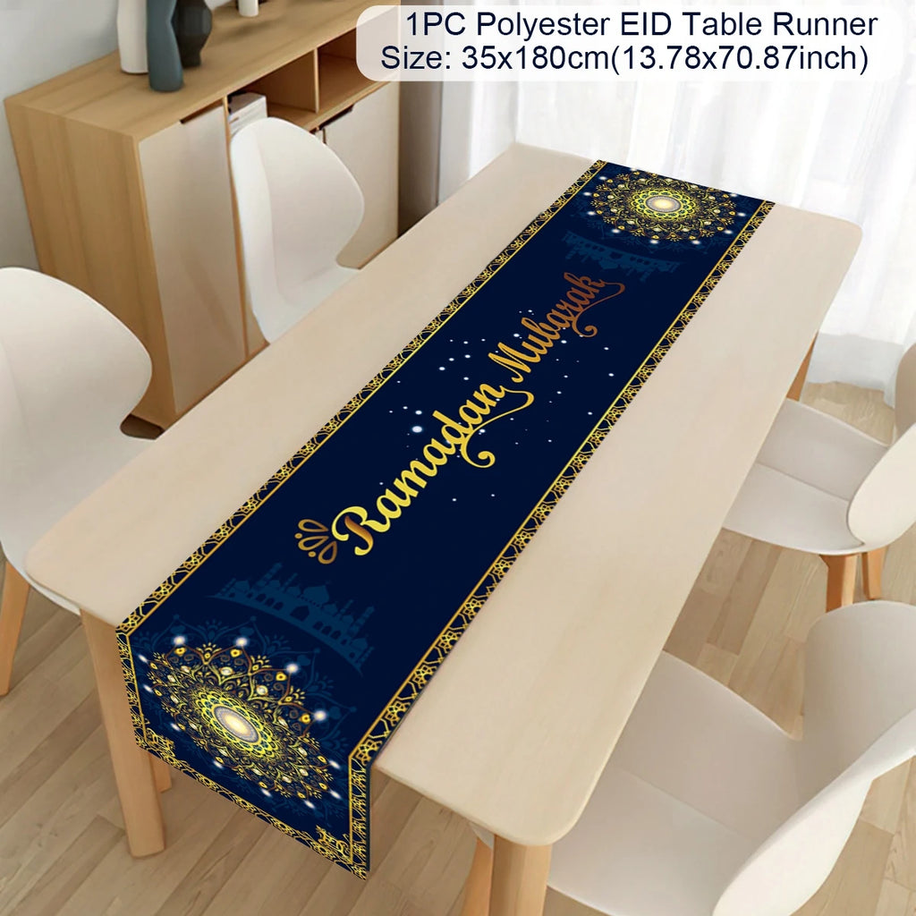 Ramadan decoration table runner with Eid Mubarak design from Showlu Fashion Store, ideal for home Eid al-Fitr celebrations and Islamic parties.
