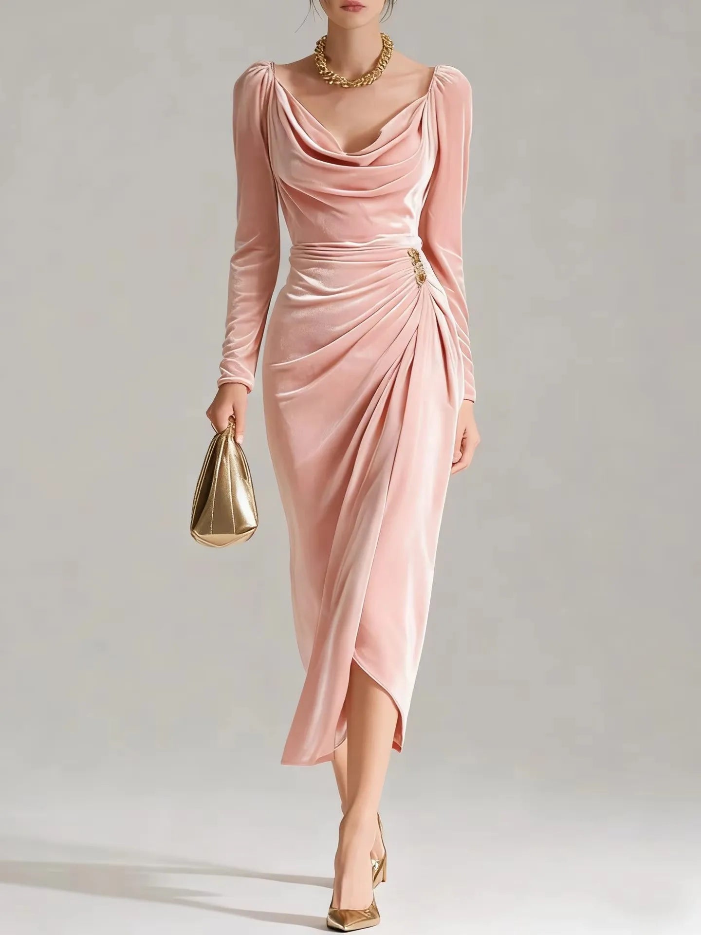 Showlu Women's velvet V-neck bodycon dress with slim fit and pleated A-line design, perfect for elegant occasions.