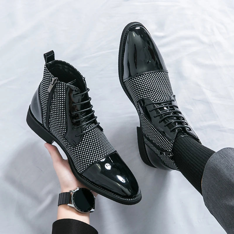 Showlu Fashion Men's pointed toe ankle boots with luxury patchwork patent leather, stylish and sleek footwear for men.