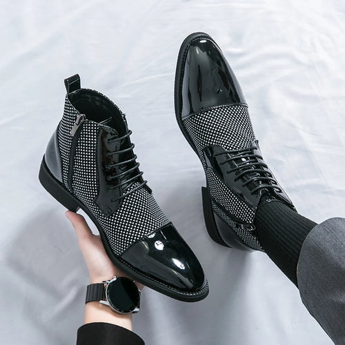 Showlu Fashion Men's pointed toe ankle boots with luxury patchwork patent leather, stylish and sleek footwear for men.