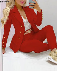 2025 Women's 2pcs Tracksuits Solid Long Sleeve Blazer Pants Suit Sets Office Lady Tracksuit Two Piece Set Fitness Outfits Woman SHOWLU FASHION STORE