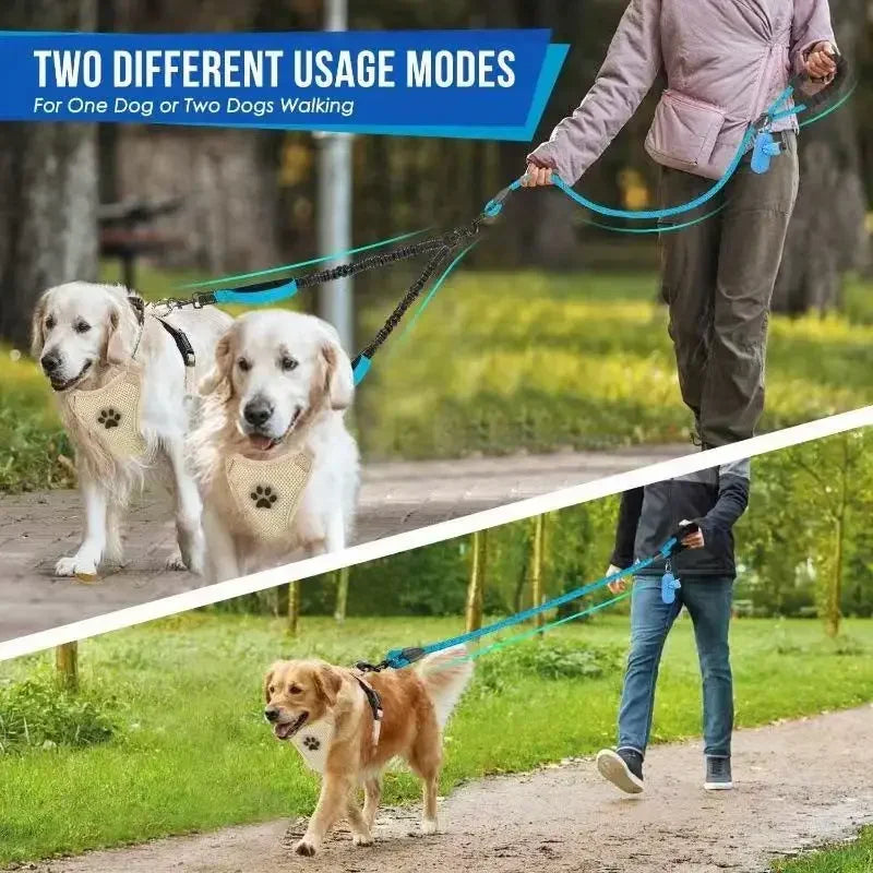 Reflective double dog leash by Showlu Fashion Store featuring no-tangle nylon design for secure walking with two dogs.