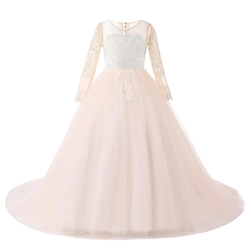 Light pink flower girl dress with white appliques, long sleeves, tulle fabric, perfect for weddings, birthdays, and Holy Communion.