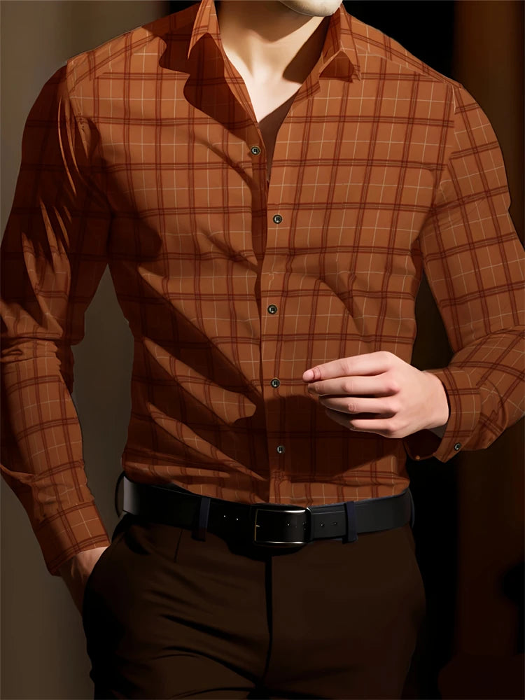 Men's checkered print formal shirt by Showlu Fashion, long-sleeved business casual shirt for spring and fall.