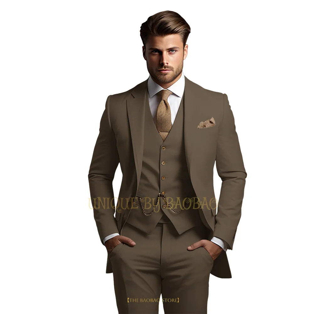 Men's grey 3-piece suit with jacket, vest, and trousers, stylish classic wedding and formal wear by Showlu Fashion Store.