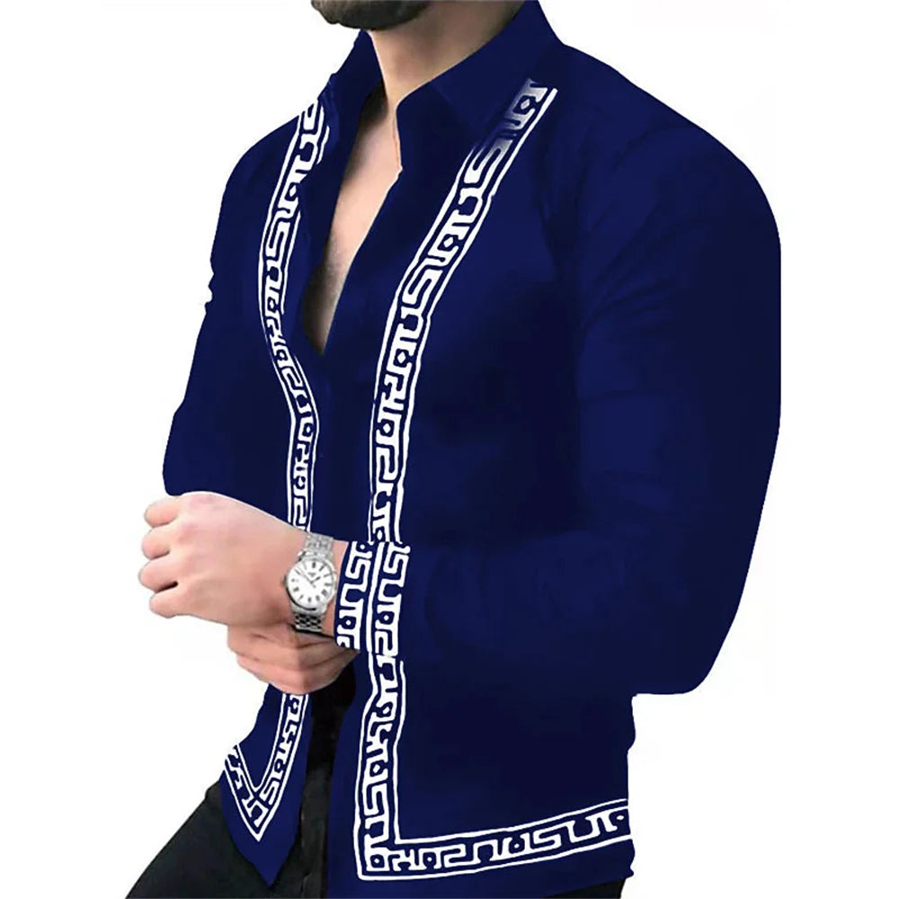 Men's slim fit long sleeve shirt with geometric graffiti pattern, trendy casual streetwear from Showlu Fashion, available in sizes S-5XL.