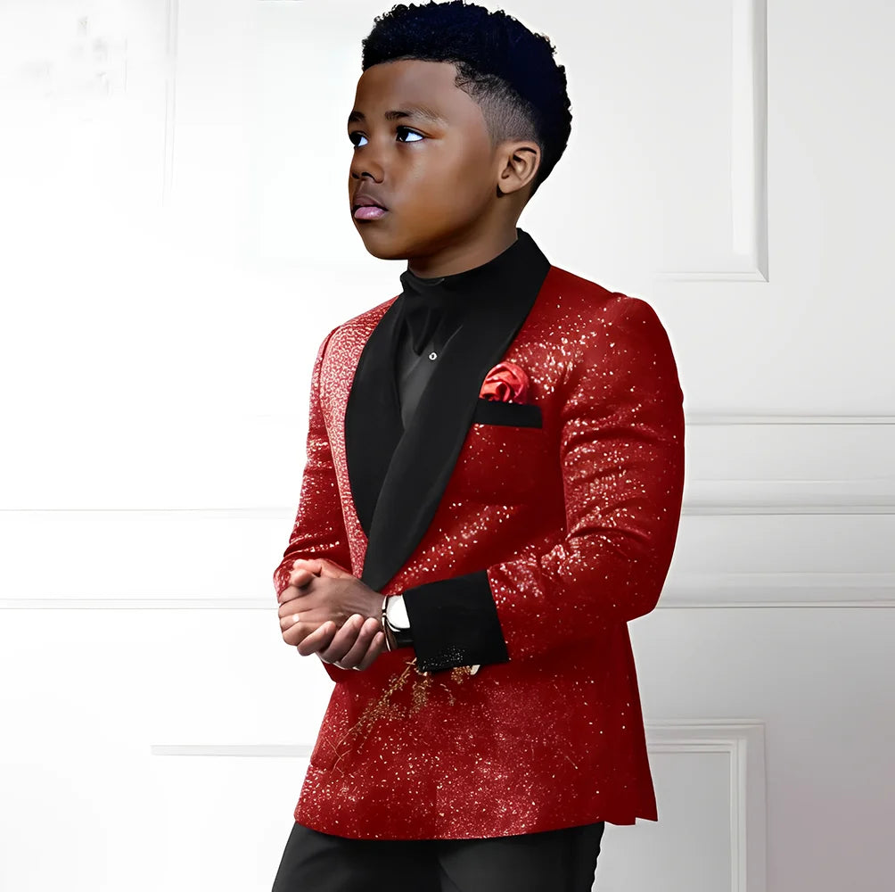 Sequin boys' 2-piece suit set with double-breasted blazer and pants, stylish wedding tuxedo outfit for kids aged 2-16 years.
