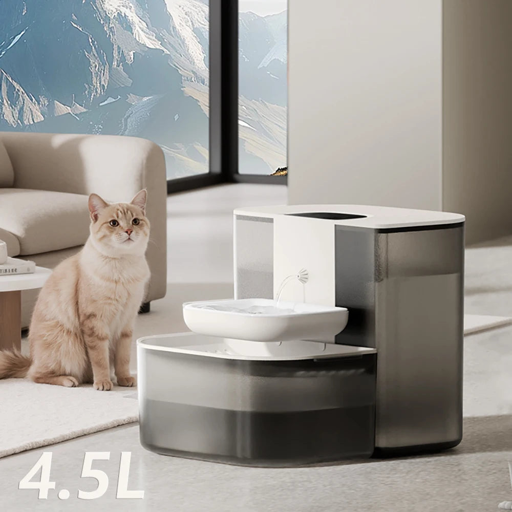 Wireless VOFORD 4.5L Smart Pet Water Dispenser and automatic cat fountain with sleek design and transparent water container.