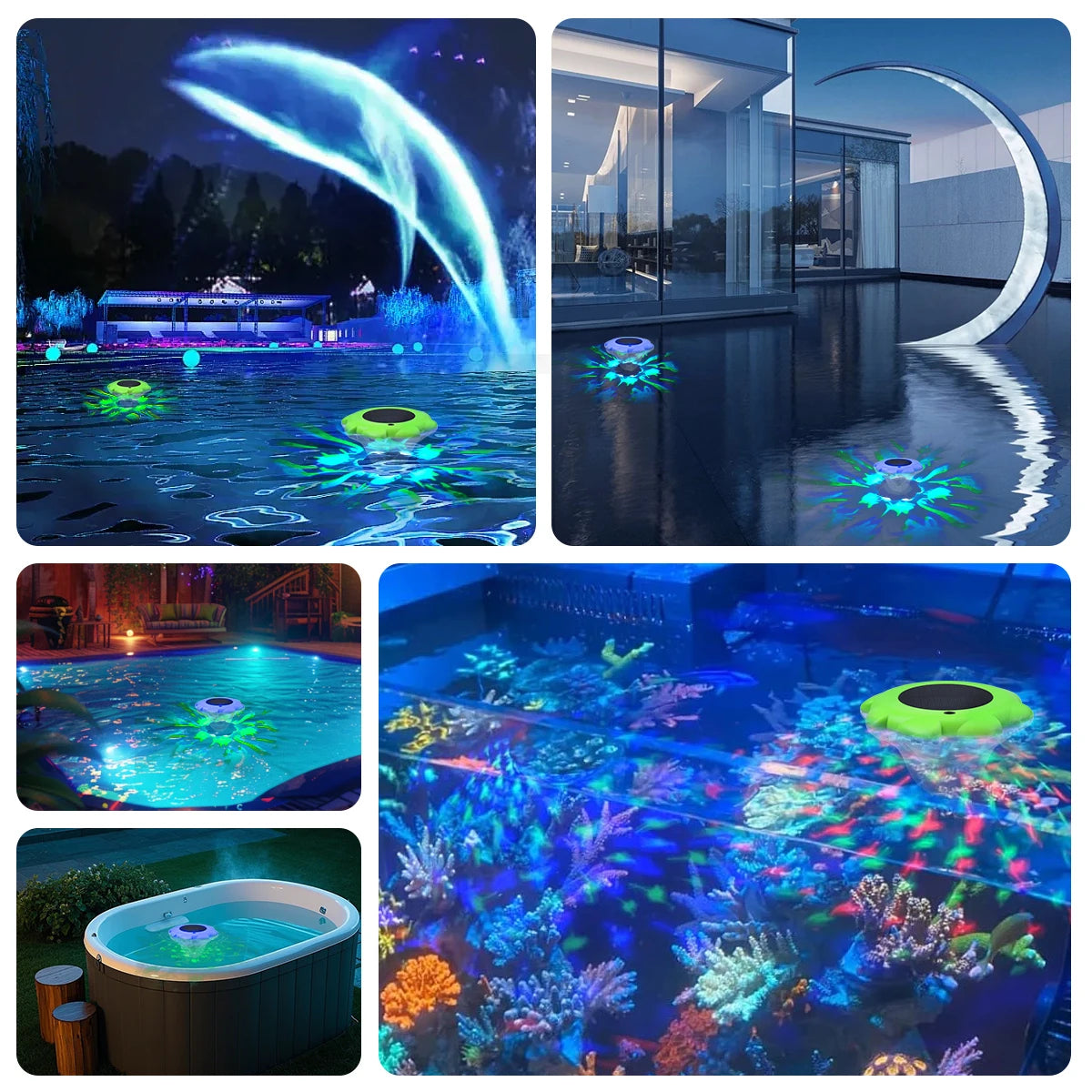 RGB waterproof solar floating pool light by Showlu Smart General, featuring colorful LED illumination for garden and pool decoration.