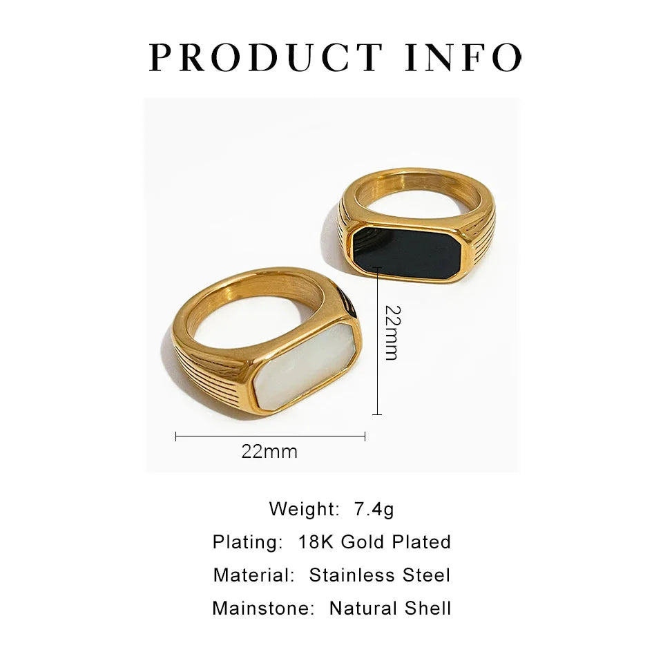 Gold plated stainless steel Peri'sBox Mother of Pearl rectangle ring with elegant pearl inlay, stylish jewelry accessory.