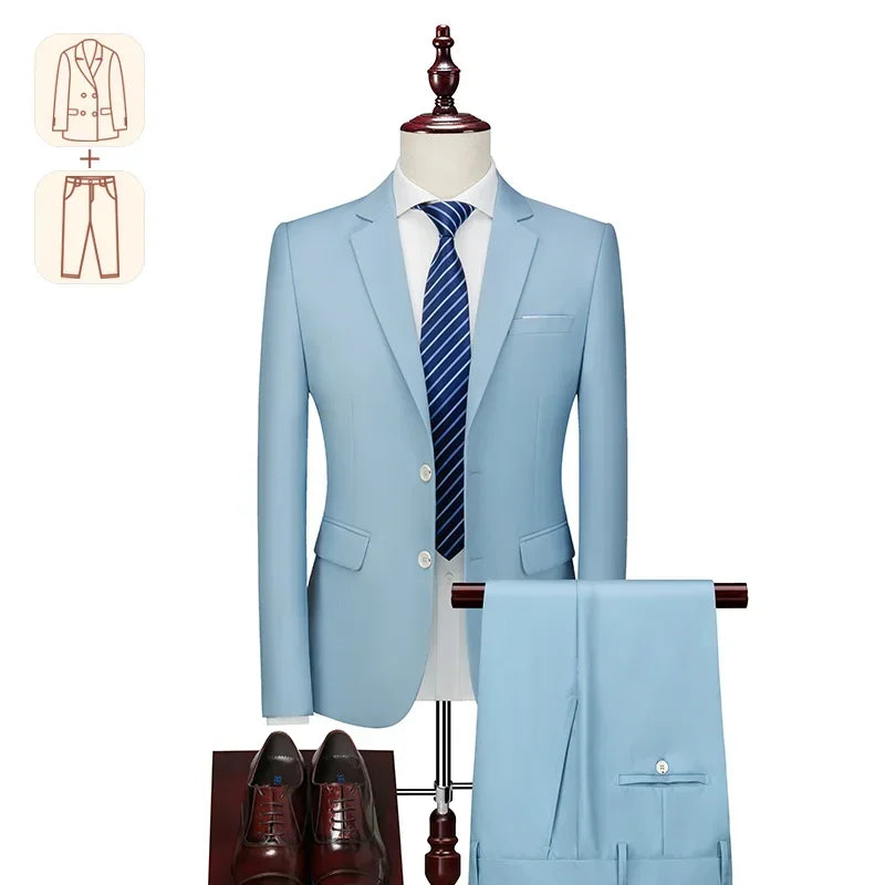 Men's black business casual suit by Showlu Fashion with solid color, formal tuxedo style, ideal for weddings and parties.