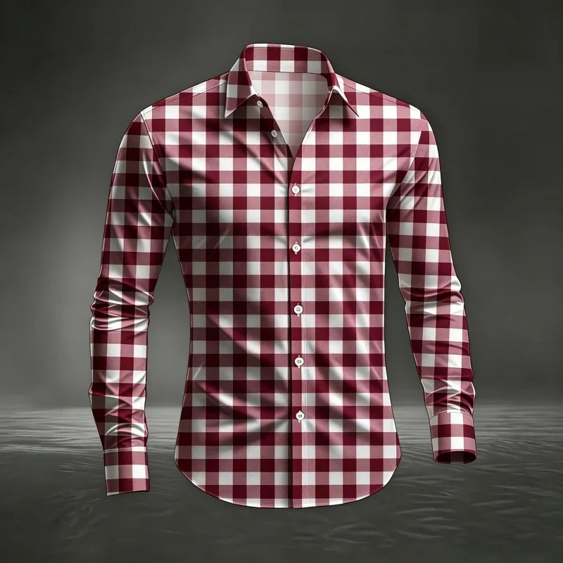 2026 Men's New Classic Plaid Shirt with Plaid Printing, Slim Fit Collar Long Sleeve Shirt, Men's Top, Comfortable Fabric XS-6XL