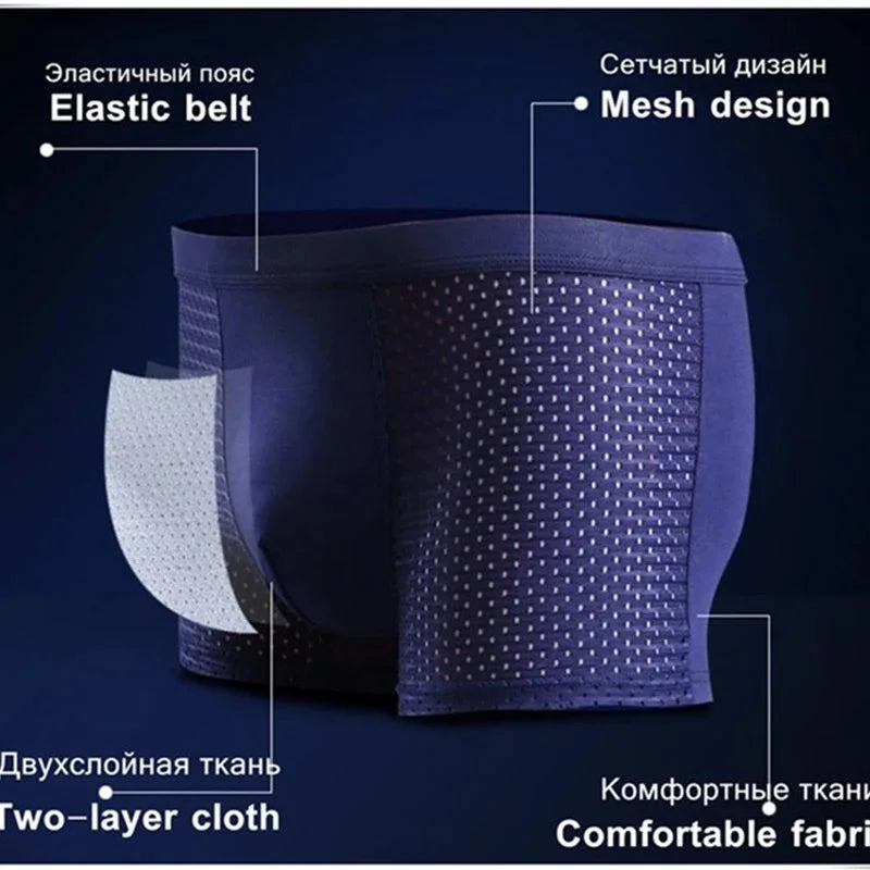 Showlu Men's Ice Silk Boxer Briefs in a 4-pack, featuring breathable mesh fabric and a comfortable fit, displayed in the image.
