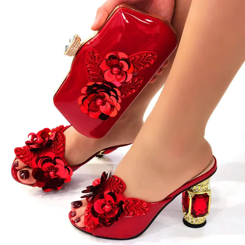 Giyu Italian leather shoes and matching bag set with peep toe pumps adorned with stones, stylishly displayed on a neutral background.