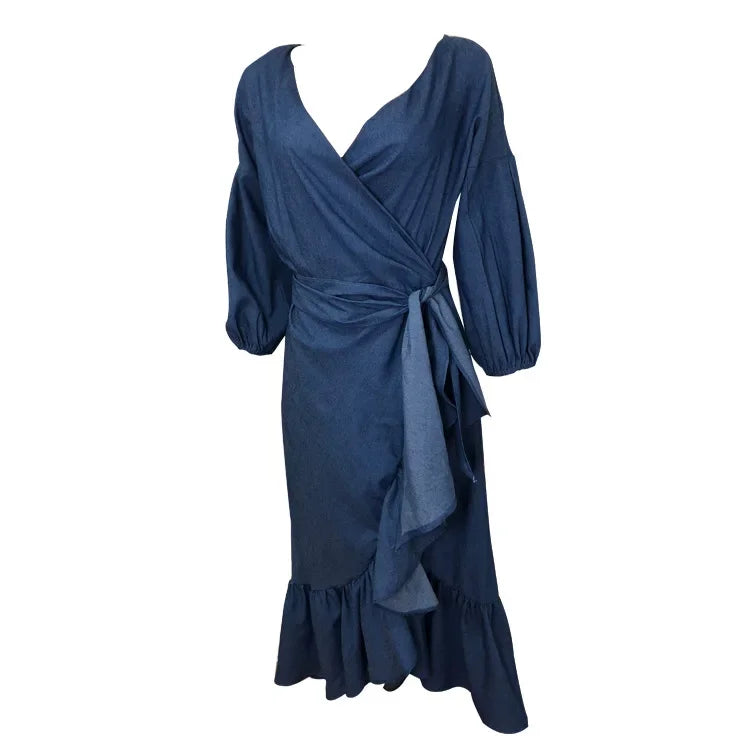 Blue vintage V neck dress for women with ruffle and lantern sleeves, perfect for spring and summer parties, by Showlu Fashion.