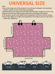 A pink pet car seat cover with a white paw and bone pattern and labeled dimensions.