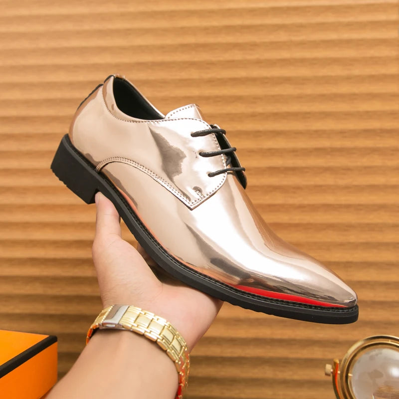 Men's black patent leather derby shoes with pointed toes, suitable for weddings and formal parties, by Showlu Fashion Store.