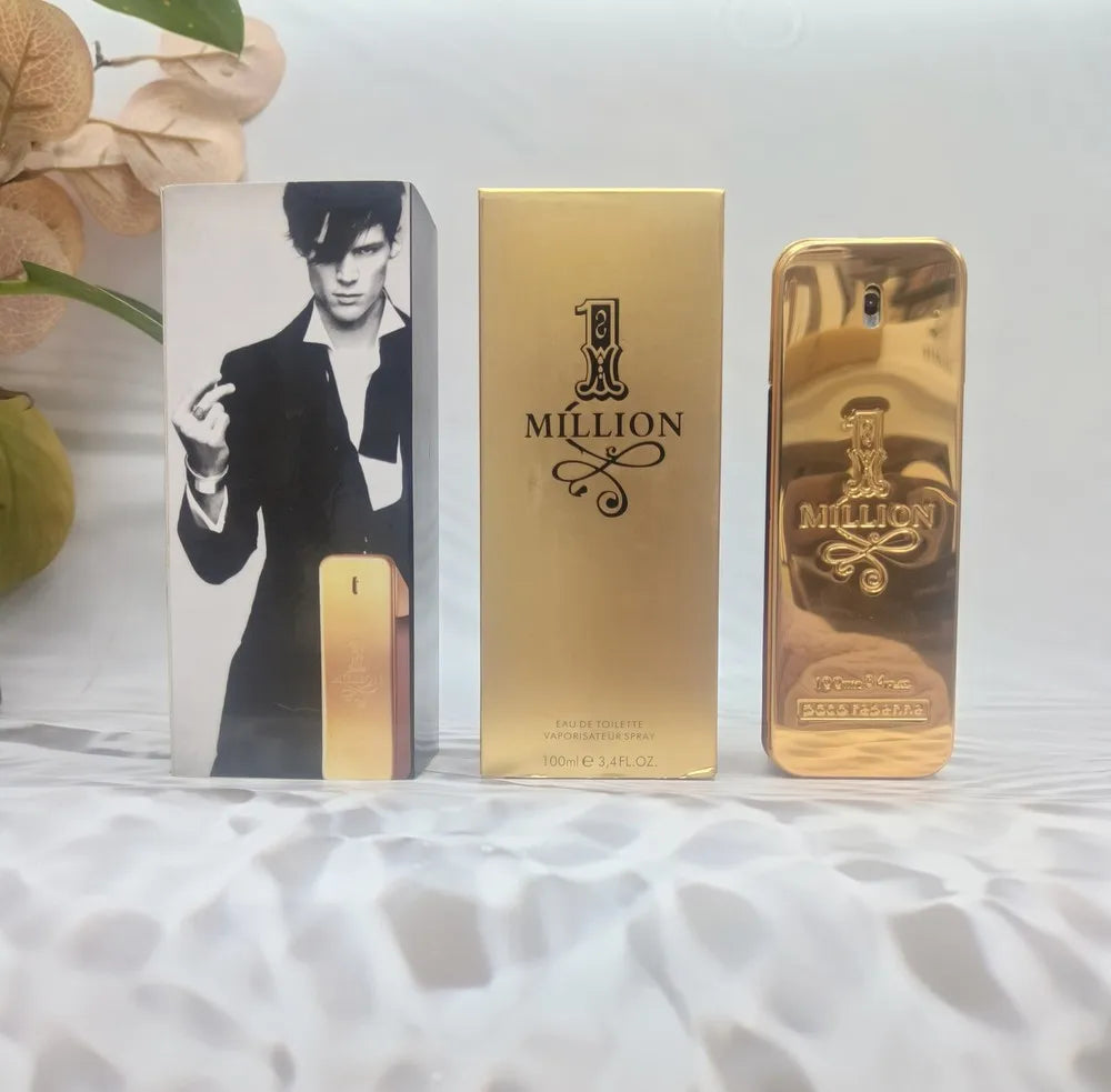 Paco Rabanne 1 Million Eau De Toilette for Men in 3.4 oz bottle, with sleek gold design and silver accents.