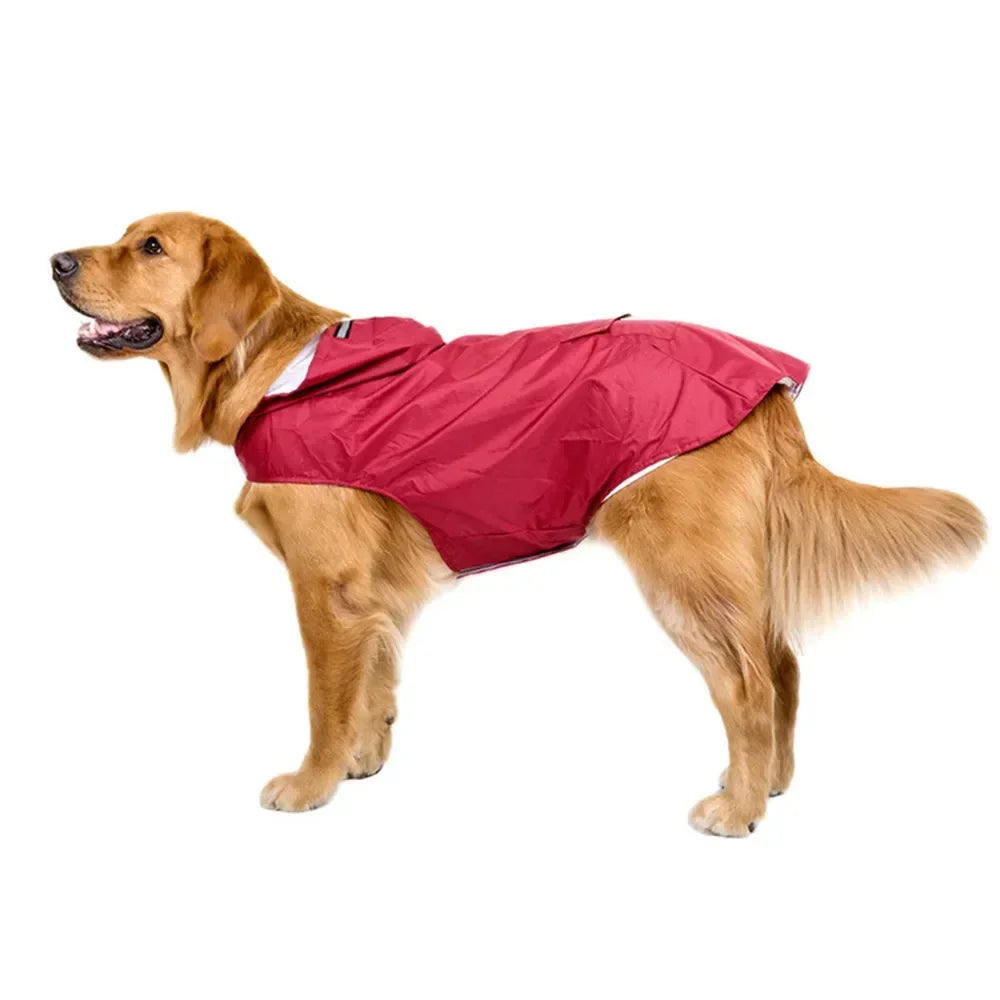 Reflective hooded waterproof dog raincoat by Showlu Fashion Store, designed for all sizes, with a secure fit and bright reflective details.
