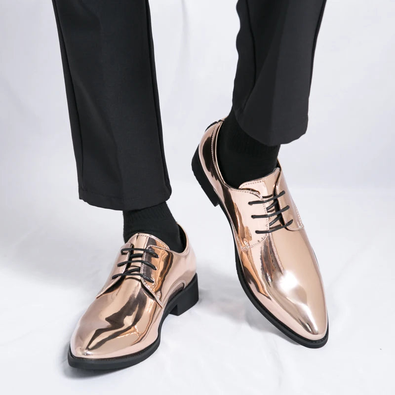 Men's black patent leather derby shoes with pointed toes, suitable for weddings and formal events by Showlu Fashion Store