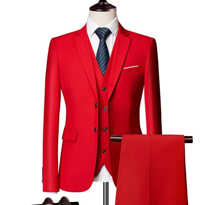 Pink men's 3-piece wedding suit by Showlu Fashion, featuring a tailored jacket, vest, and trousers for formal or business casual wear.