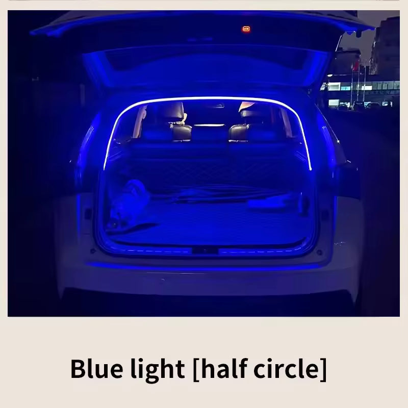 LUMERIS Motion Sensor LED Car Trunk Light Strip displaying ambient lighting inside a vehicle trunk with motion detection.
