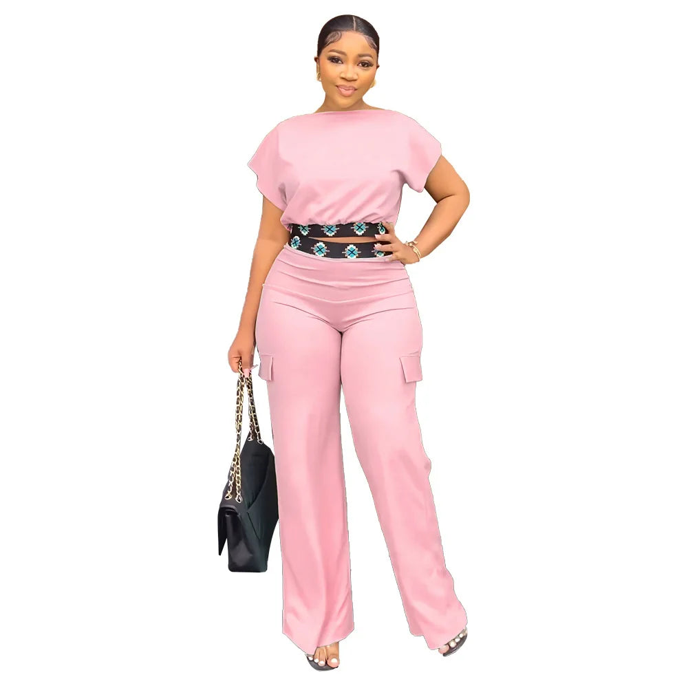 Summer Fall Short-sleeve Trousers Women's 2-piece Set Pullover Tops Elasticated Straight-leg Trousers Casual Fashion Suits Women