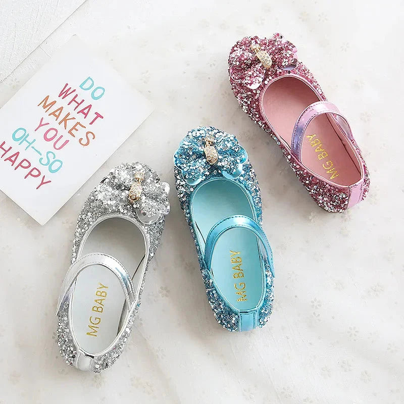 Showlu Girls sequin rhinestone princess flats in pink PU leather, featuring sparkly embellishments and a comfortable kid's shoe design.