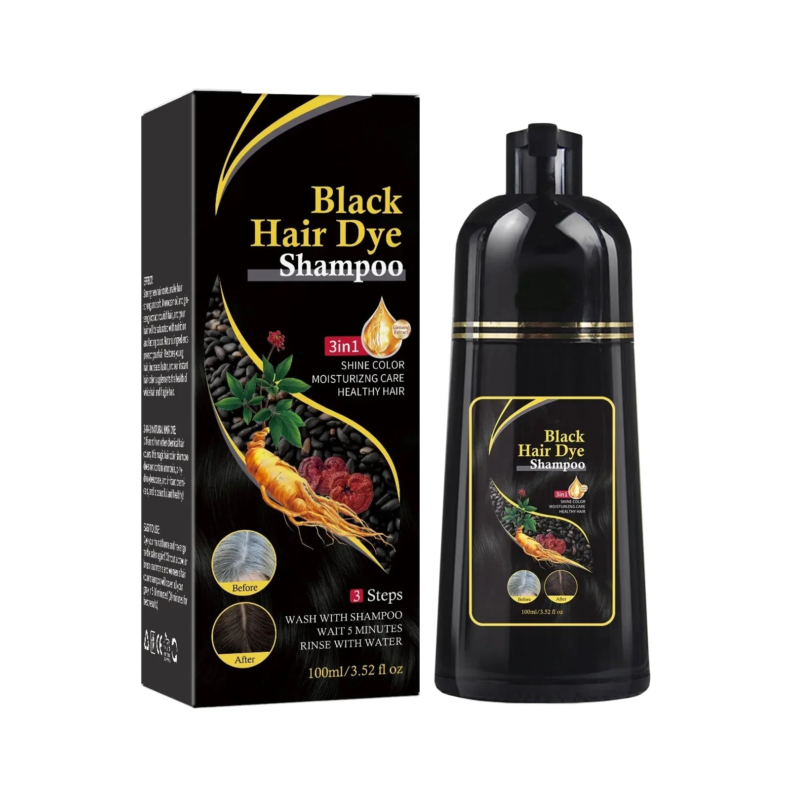 LANBENA 3-in-1 natural hair dye shampoo in black, showing the product bottle with black and white label for unisex hair coloring.