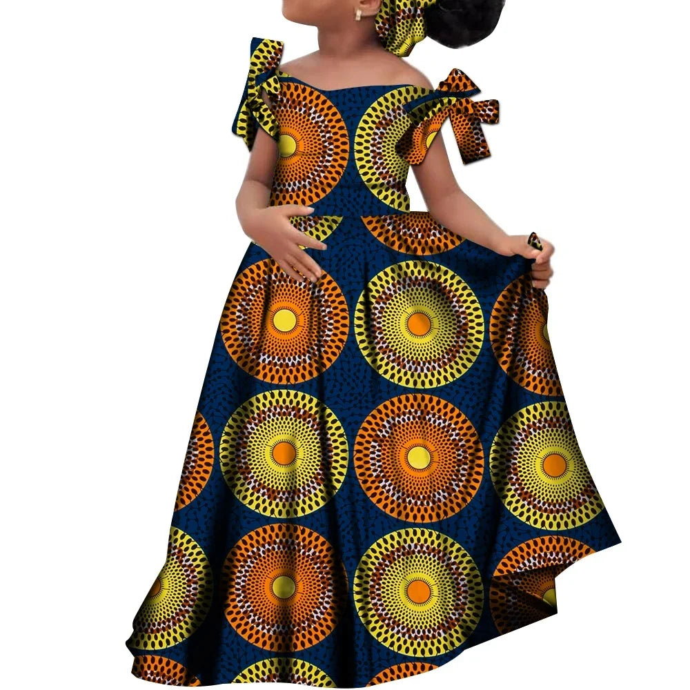 Girls African Dashiki cotton dress with matching headscarf by SHOWLU FASHION STORE, featuring vibrant traditional African print.