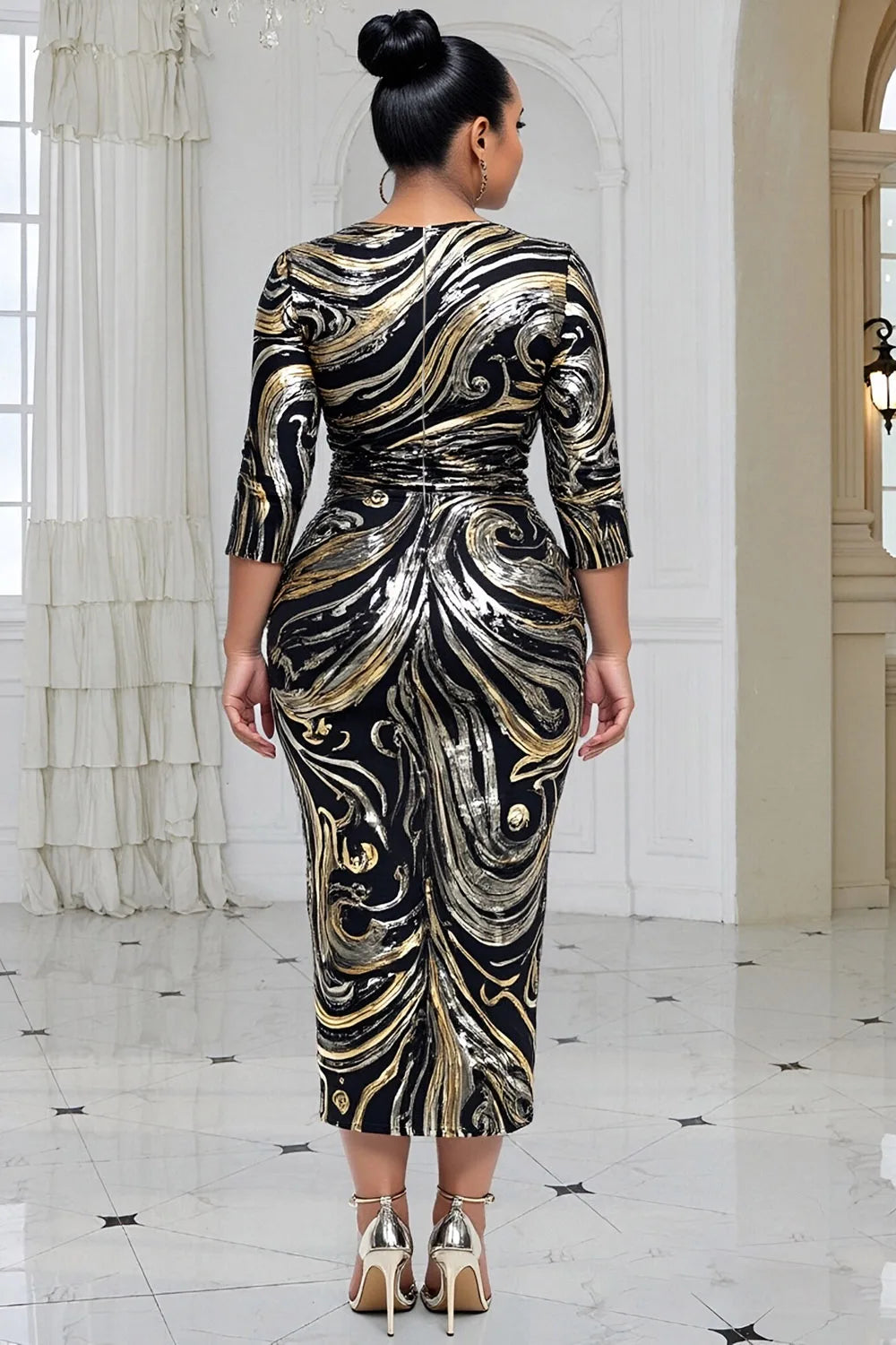 Plus size gold all-over print wedding guest dress by Showlu Fashion, elegant midi bodycon with wrap neck and 3/4 sleeves.