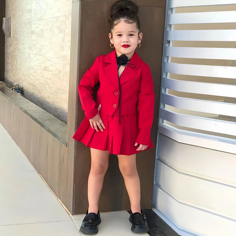 Girls' autumn 2-piece long sleeve jacket and miniskirt suit by Showlu Fashion, featuring a stylish jacket and matching skirt.